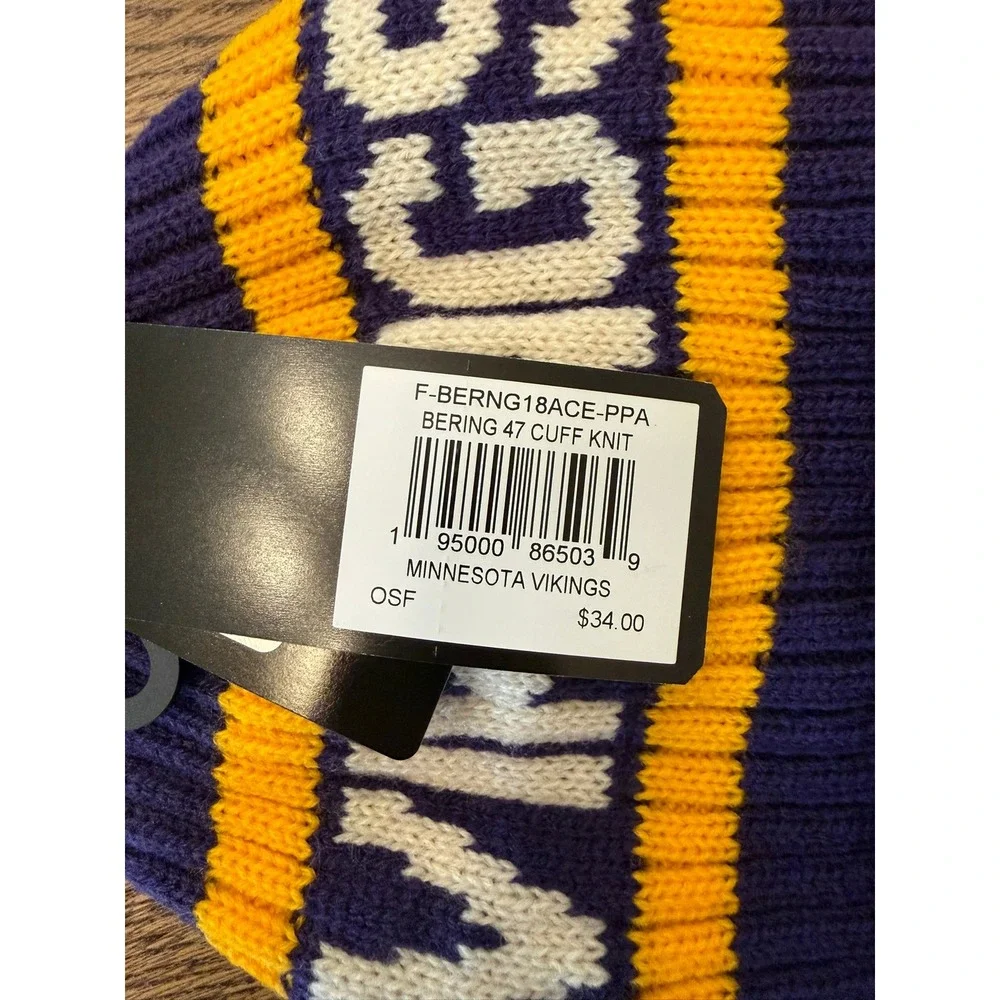 Minnesota Vikings Bering 47 Brand Cuff Knit Beanie Hat Purple Gold Pom NFL NEW